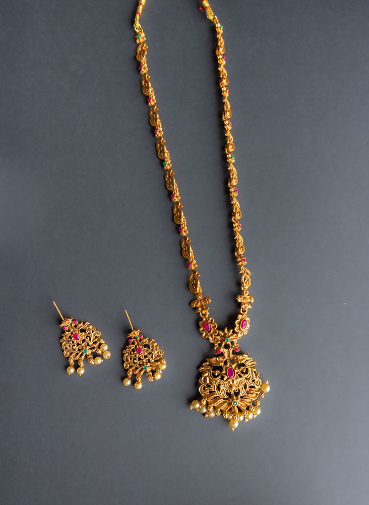 Tarini Long Gold Plated Necklace with Earrings