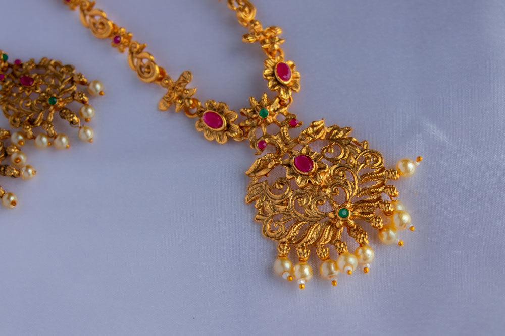 Tarini Long Gold Plated Necklace with Earrings