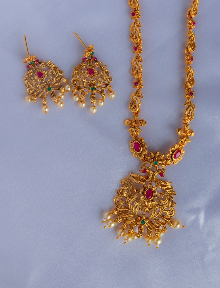 Tarini Long Gold Plated Necklace with Earrings