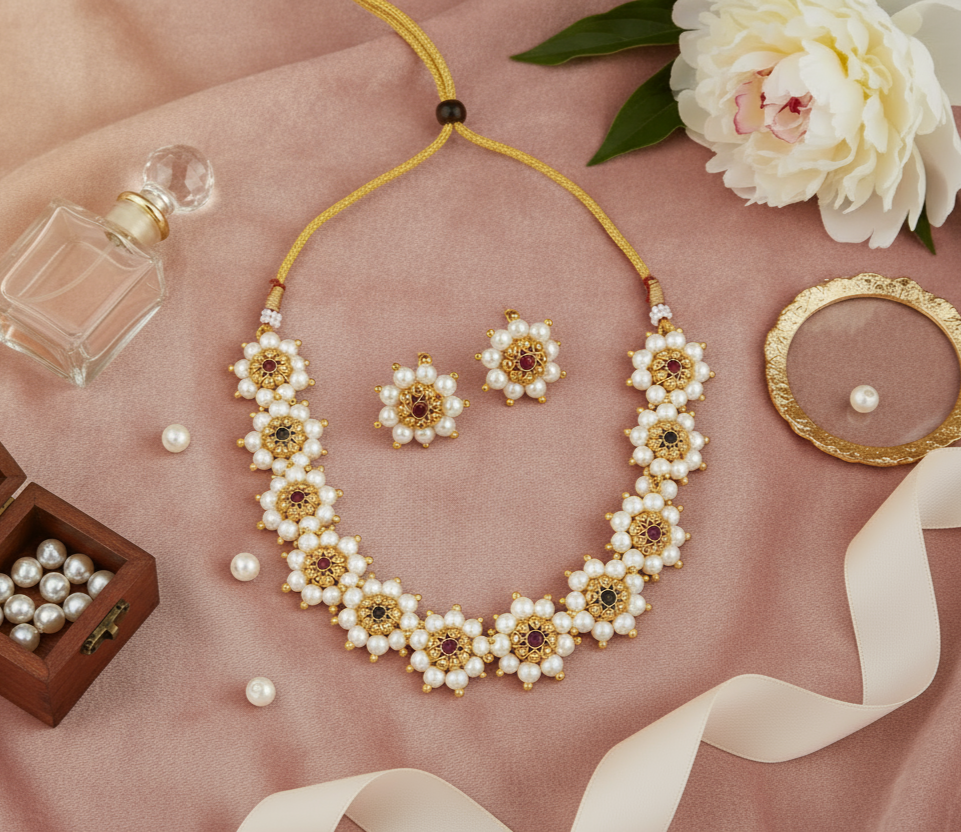 Tarini Moti Chokar Necklace With Earrings